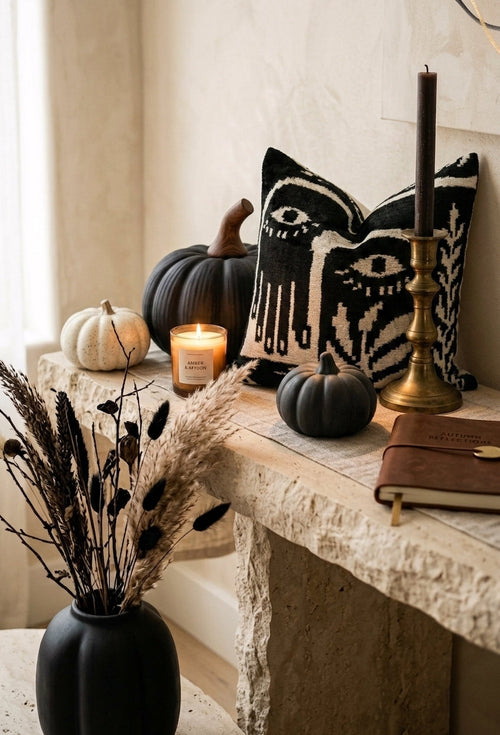 A styled Neutral Halloween interior scene with a black and cream throw pillow featuring a hand-drawn eye motif, displayed on a stone mantel alongside pumpkins, a candle, a brass candlestick, dried grasses in a black vase, and a notebook.