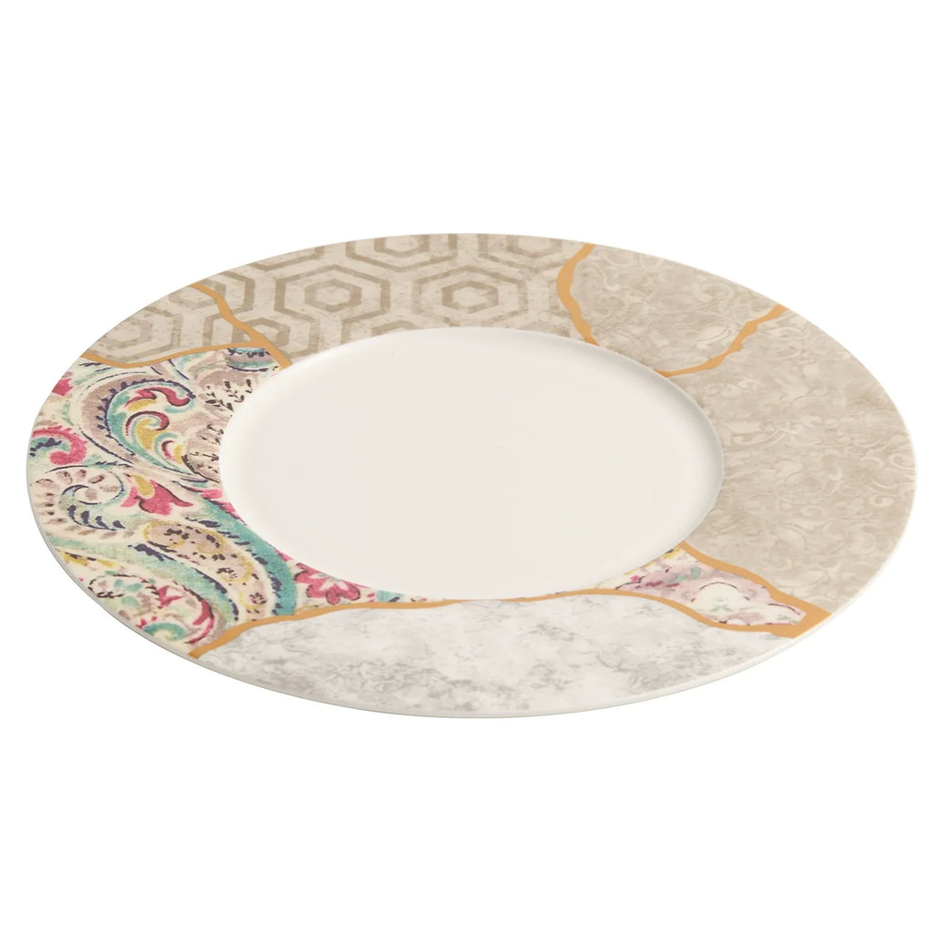 Silk Mosaic Porcelain Dinner Plate 11.25" Gold-Rimmed Kintsugi Style-4