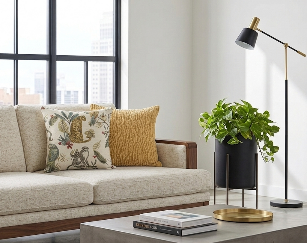 Modern living room with a beige sofa, decorative pillows, a coffee table with books, and a floor lamp.
