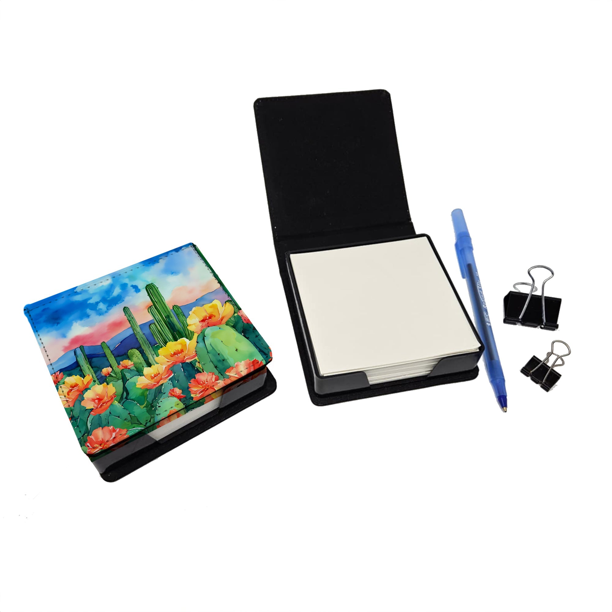 Arizona Saguaro Cactus Blossom in Watercolor PU Leather Note Paper Holder-1