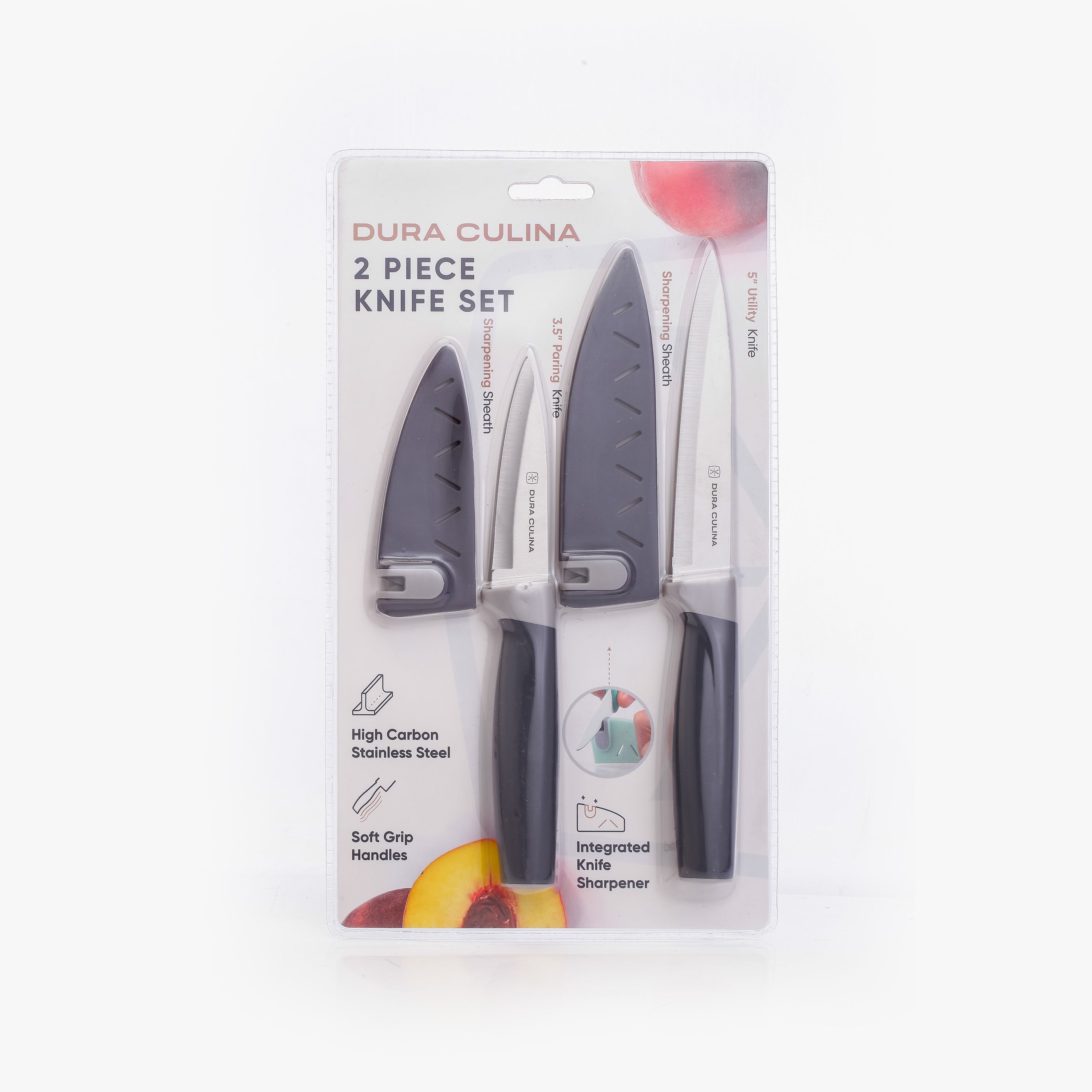 2 Piece Kitchen Knife Set- Paring, and Utility Knife with Matching Blade Guards with Built in Sharpener-0