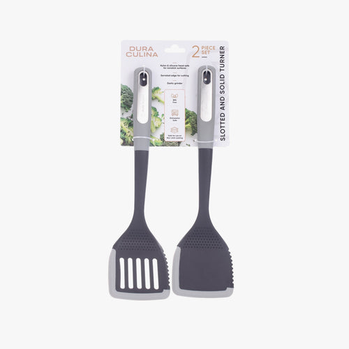 2-Piece Nylon Turner Set - Slotted & Solid Turner with Silicone Edge, Scratch-Proof, Heat Resistant Soft Grip Handles-0
