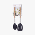 2-Piece Solid Spoon & Slotted Turner Set - Acacia Wood & Stainless Steel Handles, Silicone Heads, Non-Stick Safe, Black-0