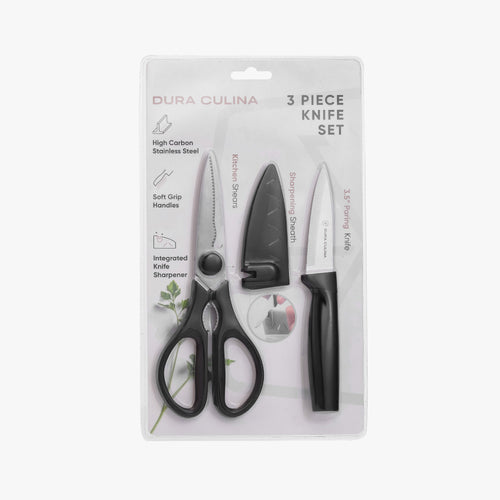 3 Piece Kitchen Knife Set - Paring Knife, Blade Guard with Built in Sharpener, and Multi Purpose Shears-0