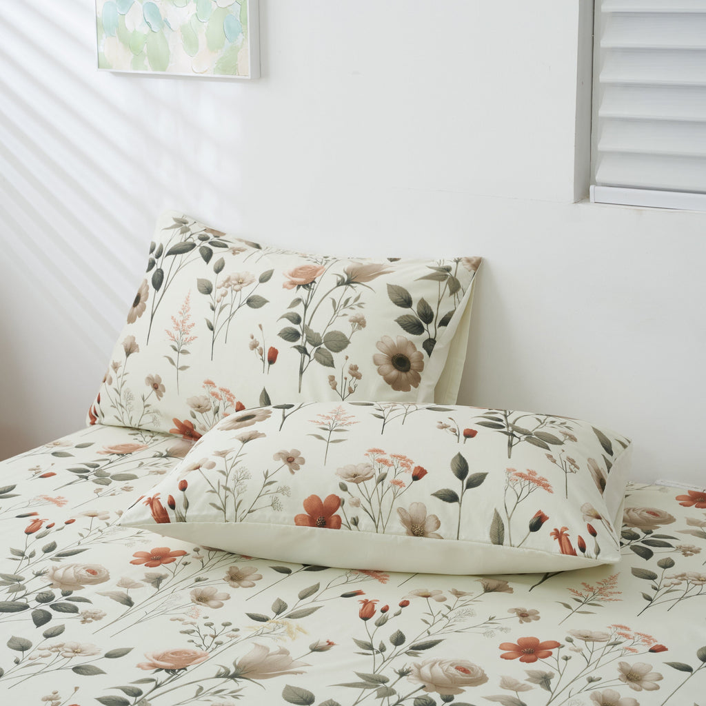 DaDalogy Enchanted Meadow Bed Sheet Set - Floral Harmony in Beige, Rose, and Soft Green, Premium Soft Microfiber, Machine Washable, Deep Pocket 14 - 15 Inches + Flat Sheet-4