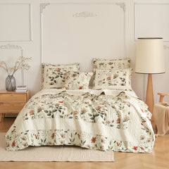 DaDalogy Enchanted Meadow Bed in a bag Set - Victoria Garden Delicate Floral Symphony in Beige, Rose, and Soft Green, Luxuriously Soft Quilted Set-0