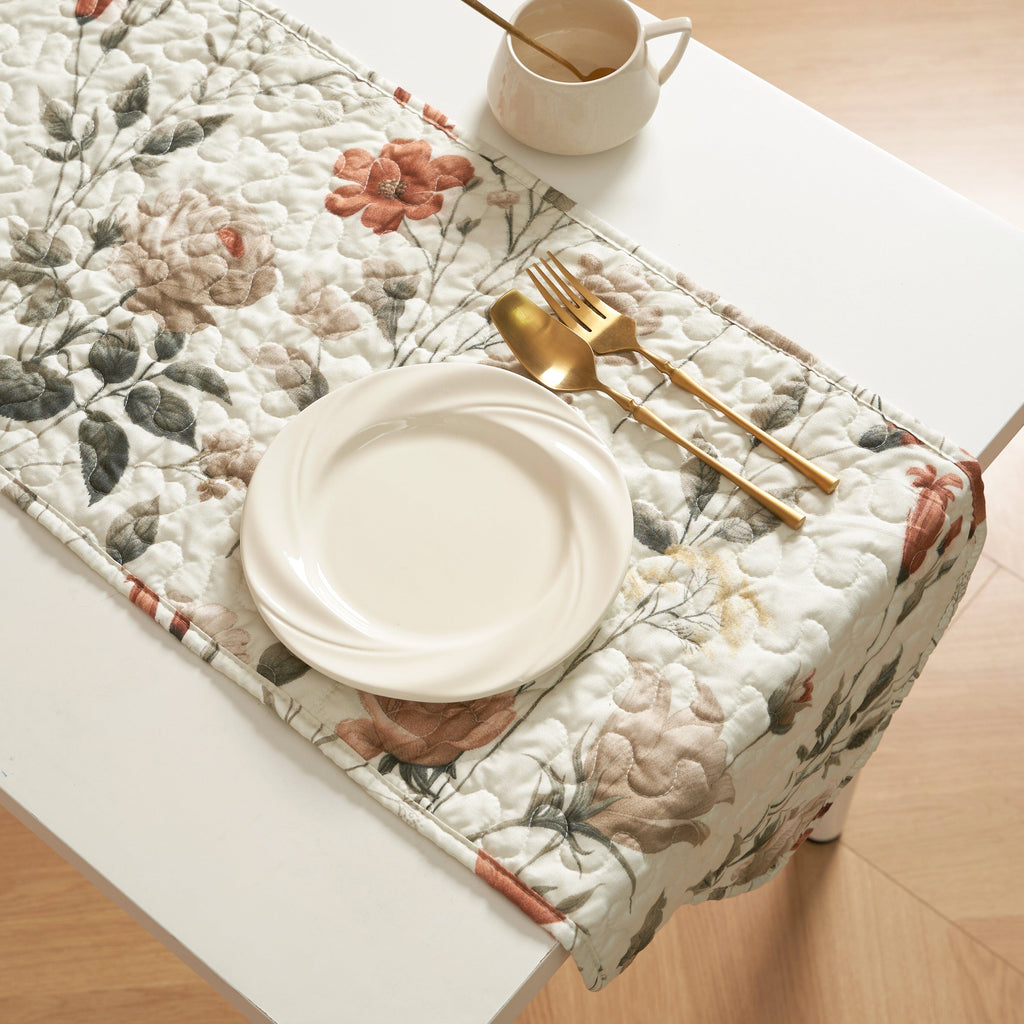 DaDalogy Enchanted Meadow Reversible Dinner Table Runner - Floral Elegance in Beige, Rose, and Soft Olive Green, Premium Soft Microfiber Quilted Table Runner-0