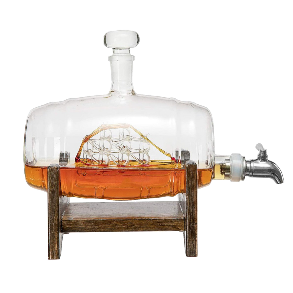 Whiskey Ship in a Barrel Decanter With Ship, 2-10 oz Glasses