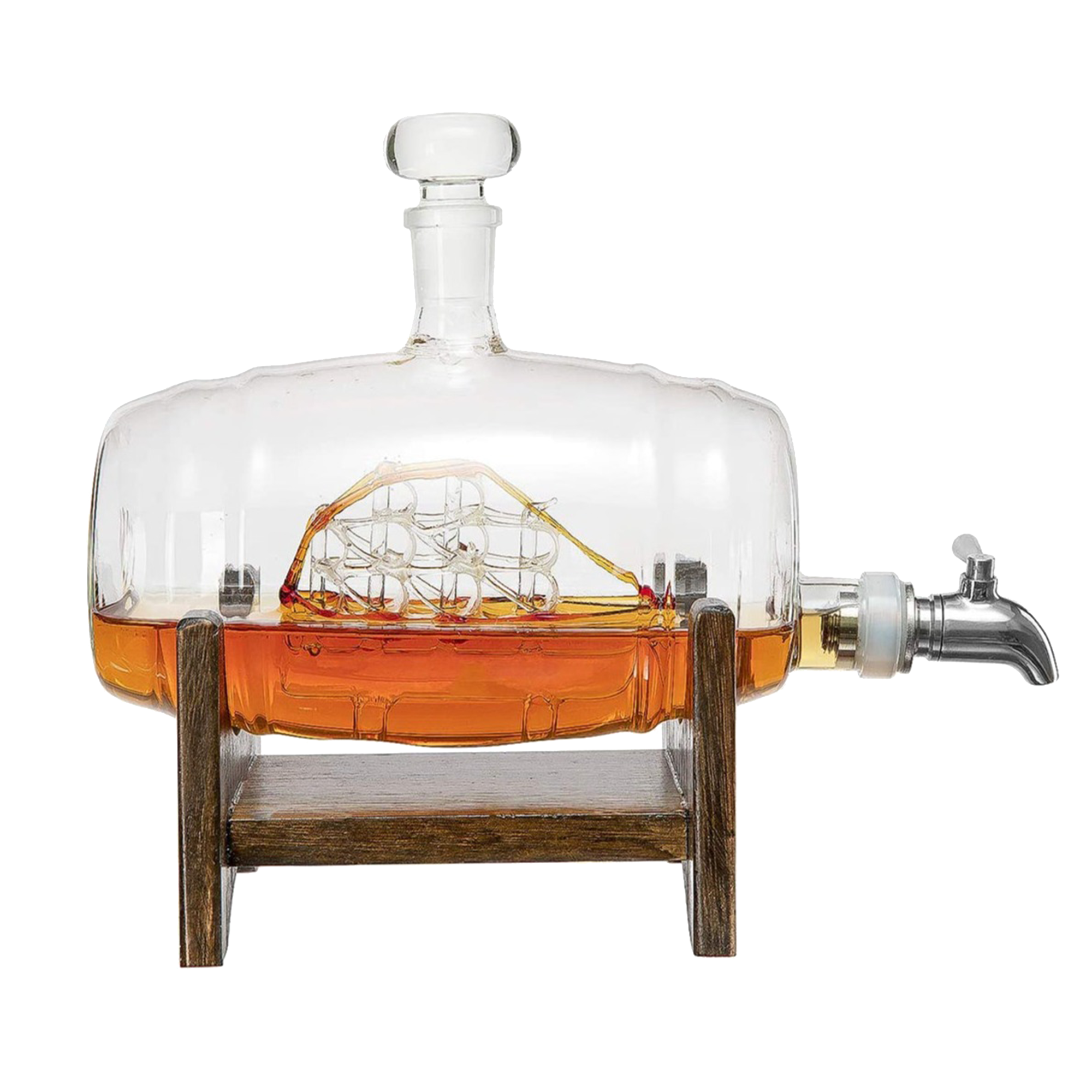 Whiskey Ship in a Barrel Decanter With Ship, 2-10 oz Glasses