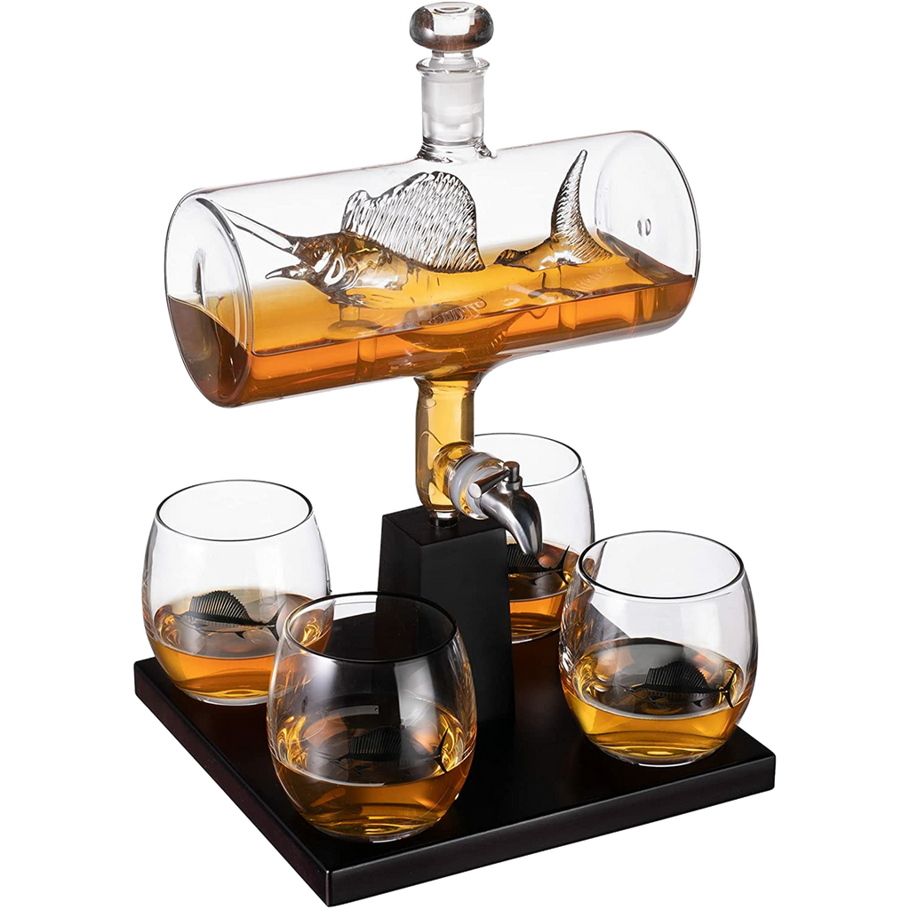Swordfish & Sailfish Wine & Whiskey Decanter Dispenser and 4 Liquor Glasses-0