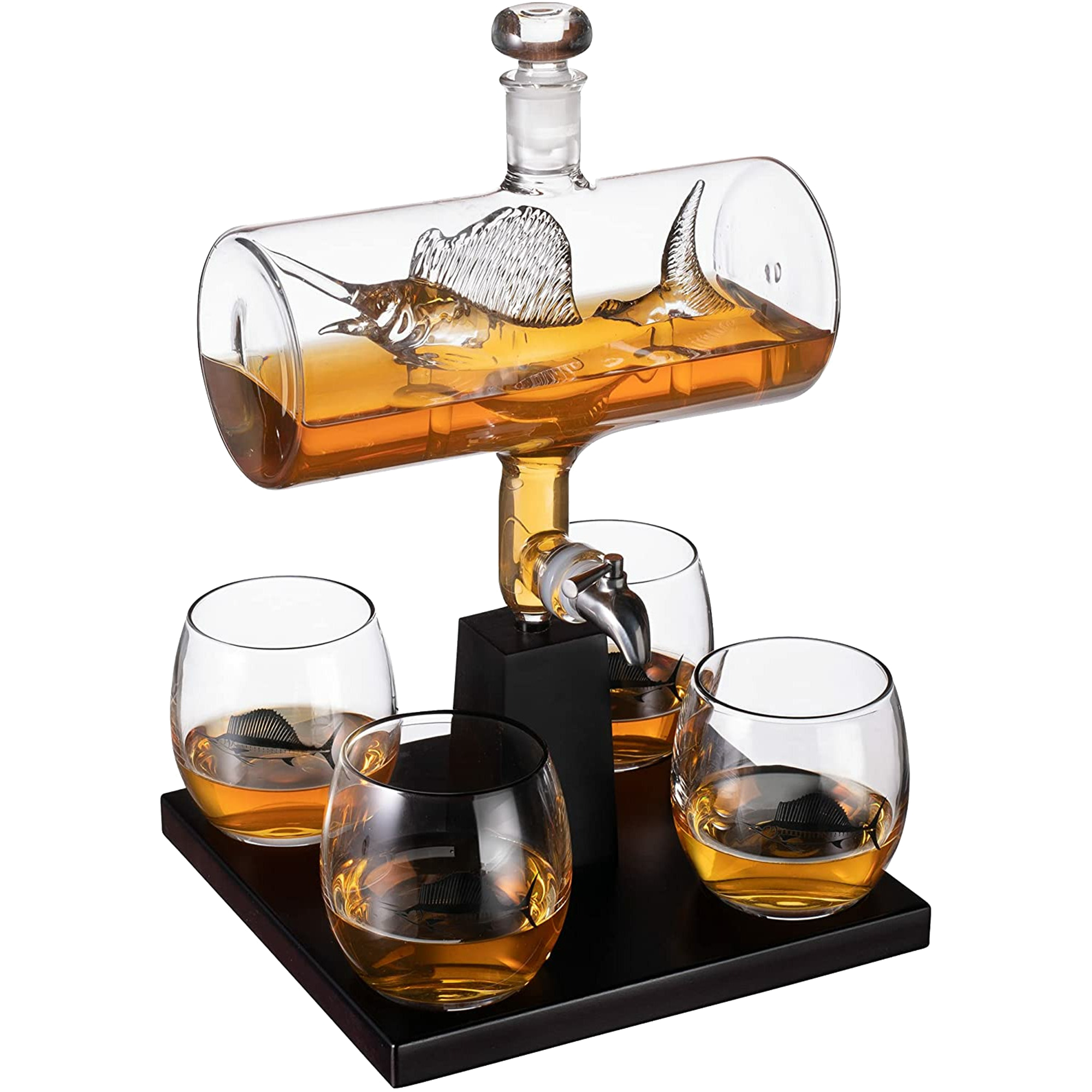 Swordfish & Sailfish Wine & Whiskey Decanter Dispenser and 4 Liquor Glasses-0