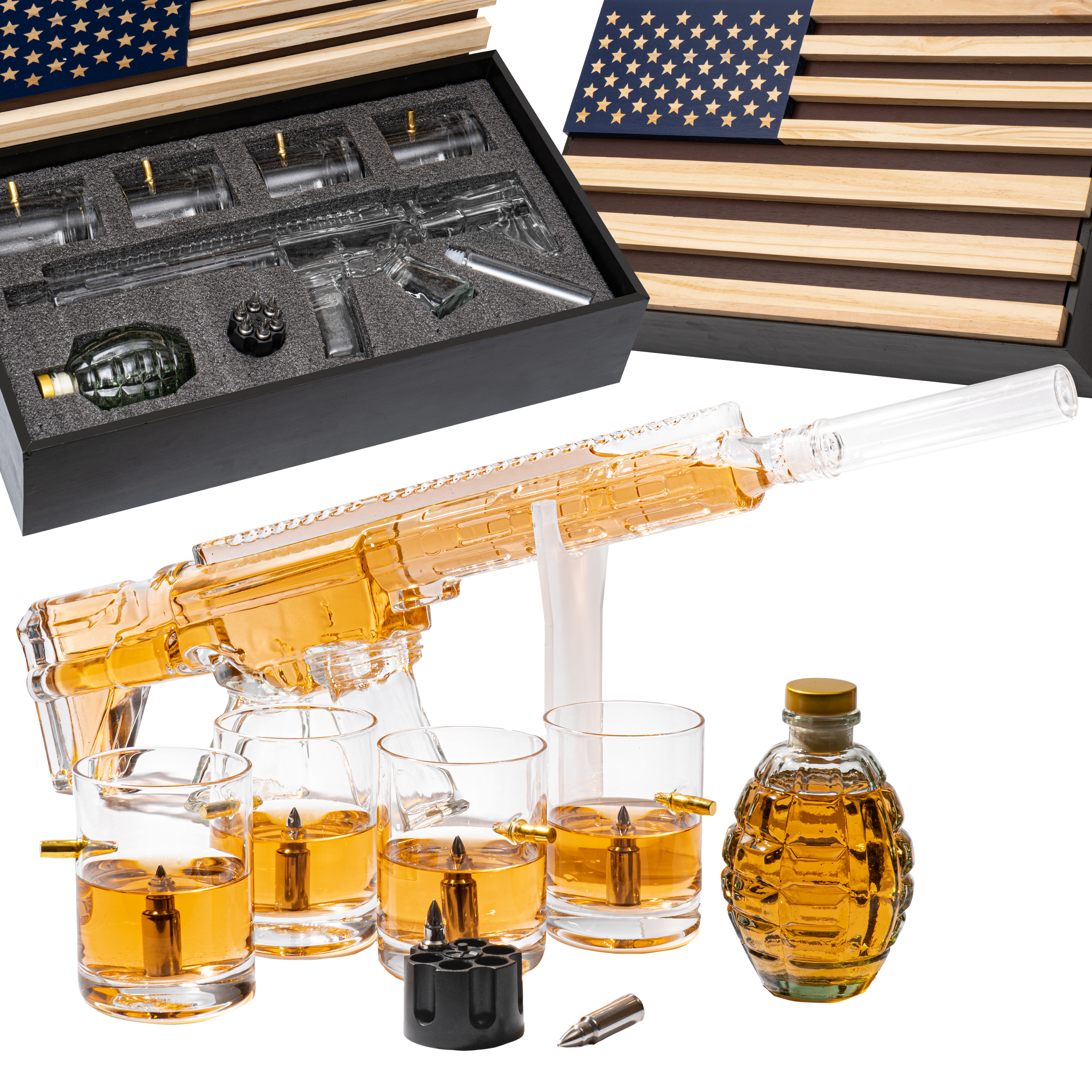 AR15 Whiskey Gun Decanter Flag Set - 1000ml Rifle & Pistol Set