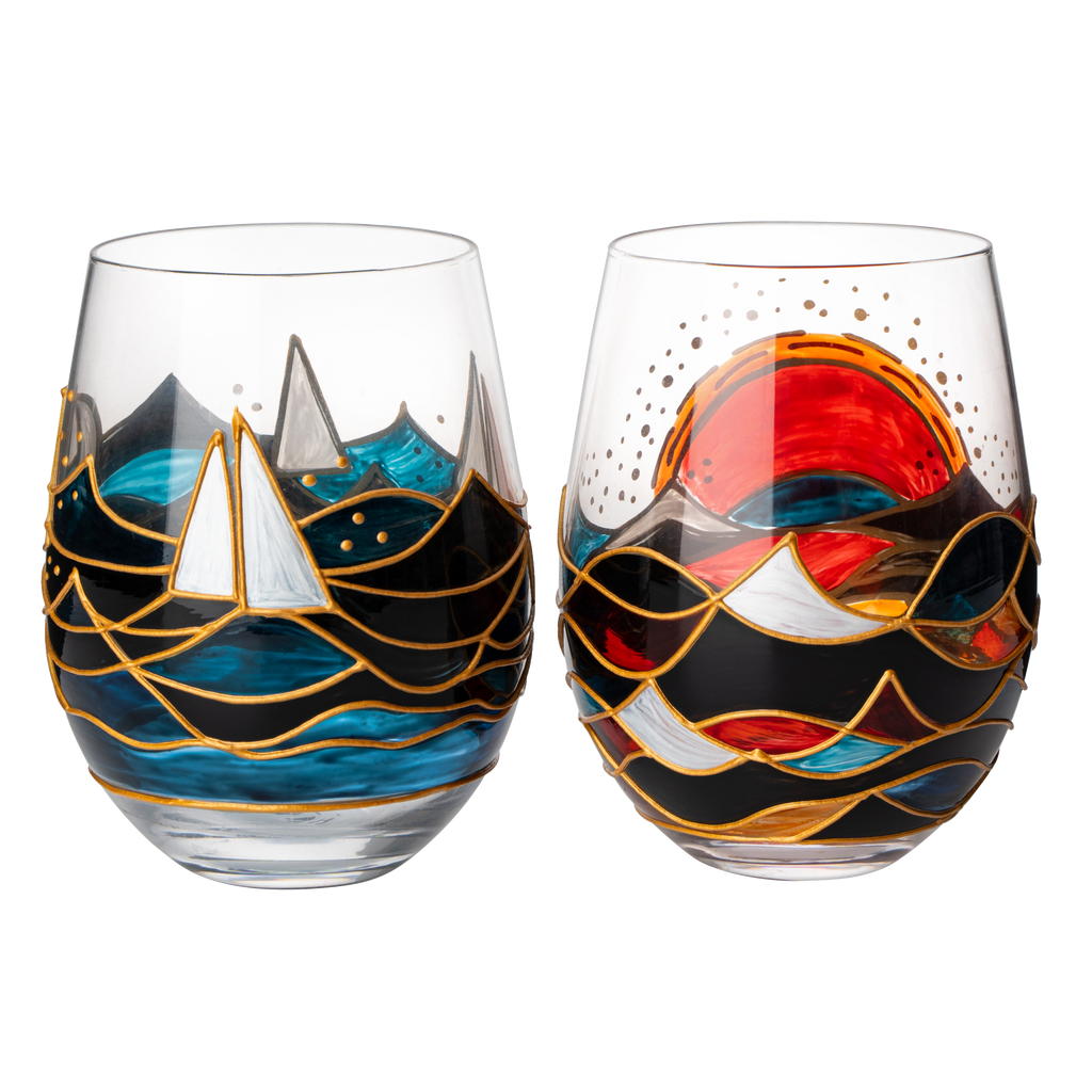 Artisanal Hand Painted Sunrise Glasses, Stemless Set of 2-0