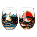 Artisanal Hand Painted Sunrise Glasses, Stemless Set of 2-0