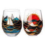 Artisanal Hand Painted Sunrise Glasses, Stemless Set of 2-0
