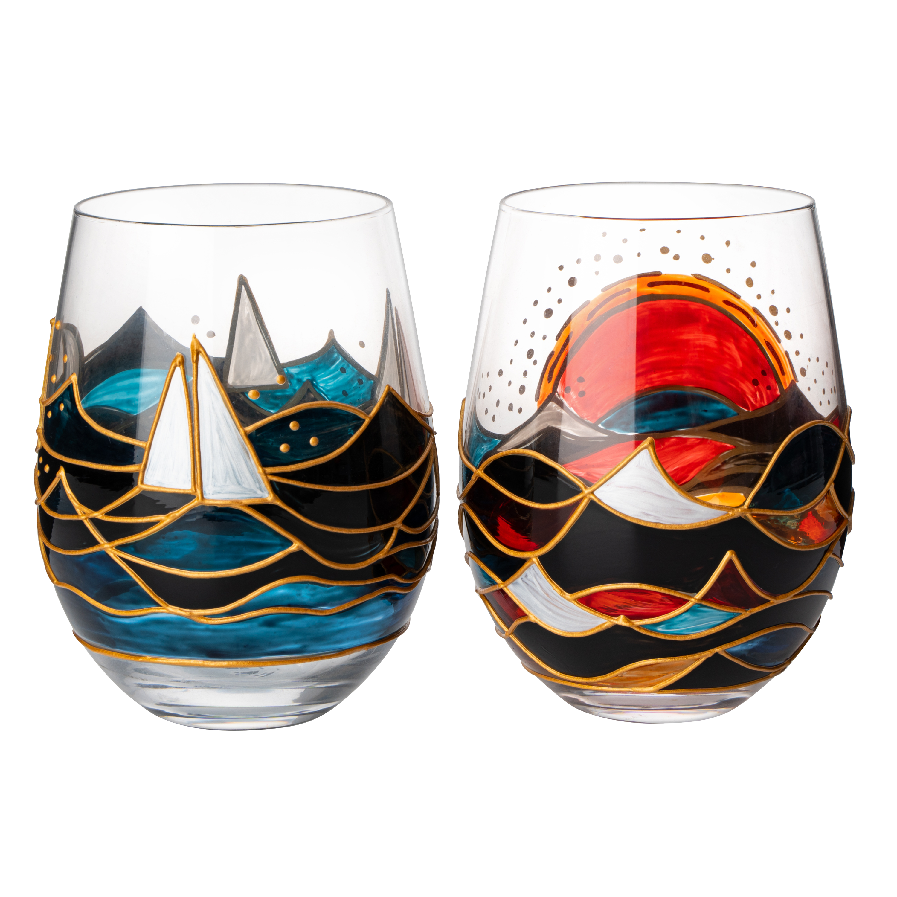 Artisanal Hand Painted Sunrise Glasses, Stemless Set of 2-0