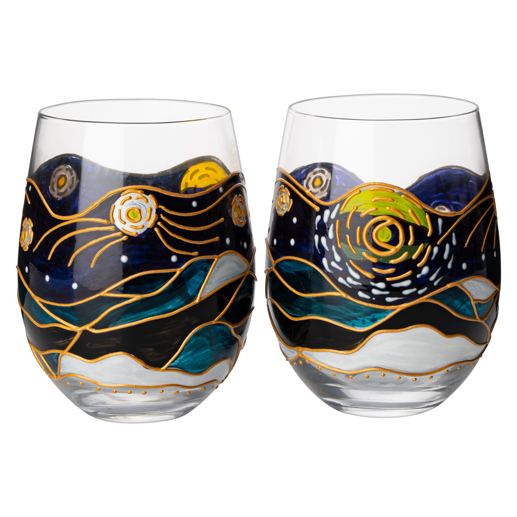 Vincent Van Gogh Wine Glasses Artisanal Hand Painted Stemless Set of 2-0