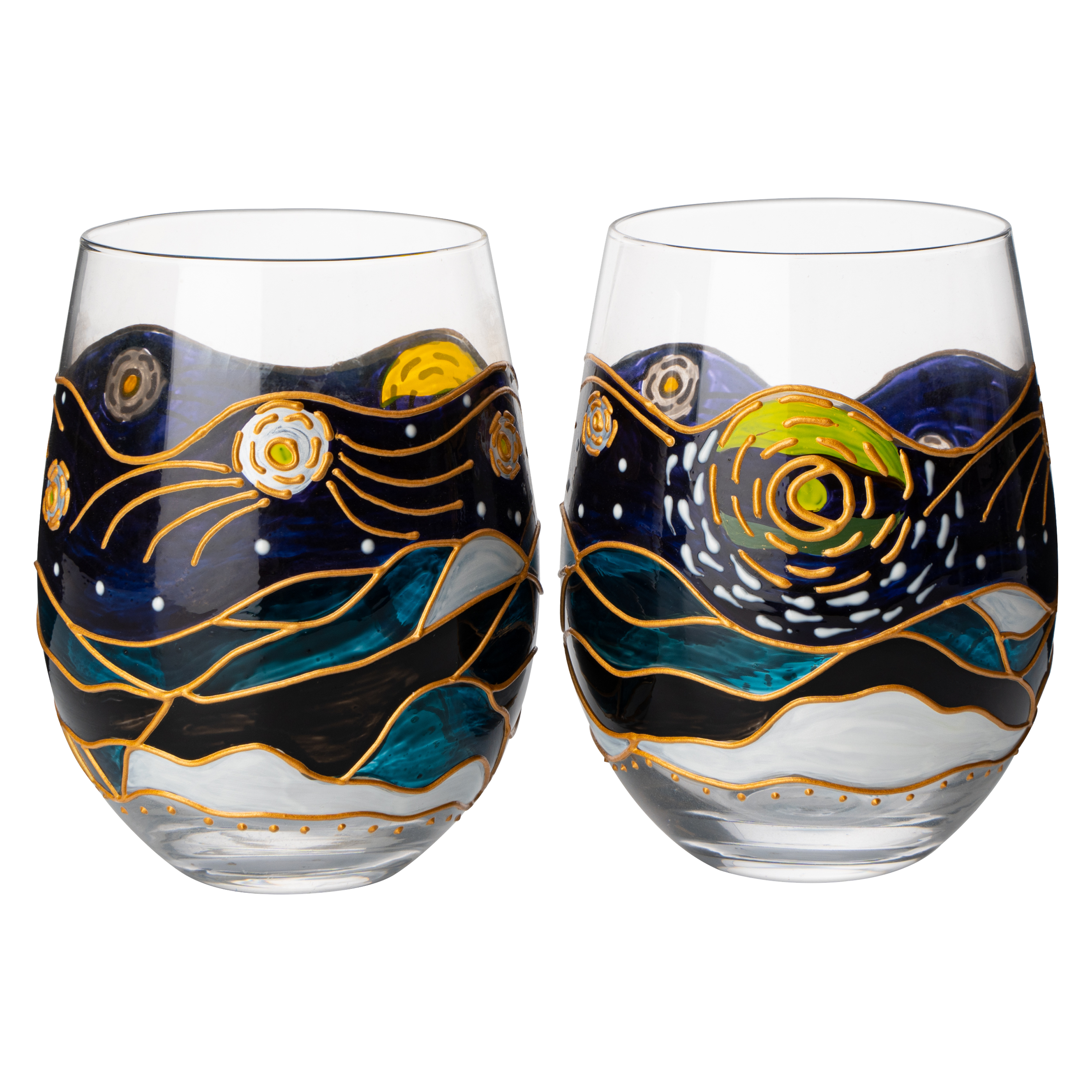 Vincent Van Gogh Wine Glasses Artisanal Hand Painted Stemless Set of 2-0