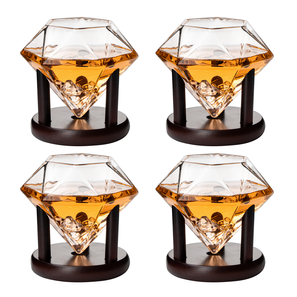 Set of 4 Diamond Whiskey & Wine Glasses With Wood Stands 10oz-1