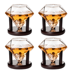 Set of 4 Diamond Whiskey & Wine Glasses With Wood Stands 10oz-1