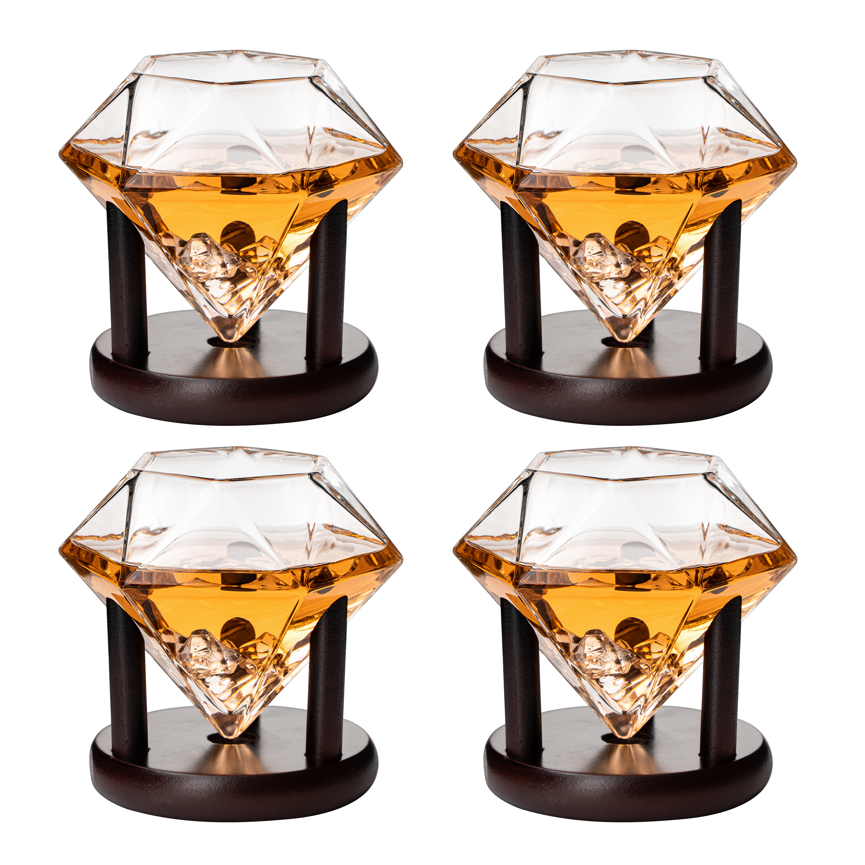 Set of 4 Diamond Whiskey & Wine Glasses With Wood Stands 10oz-1