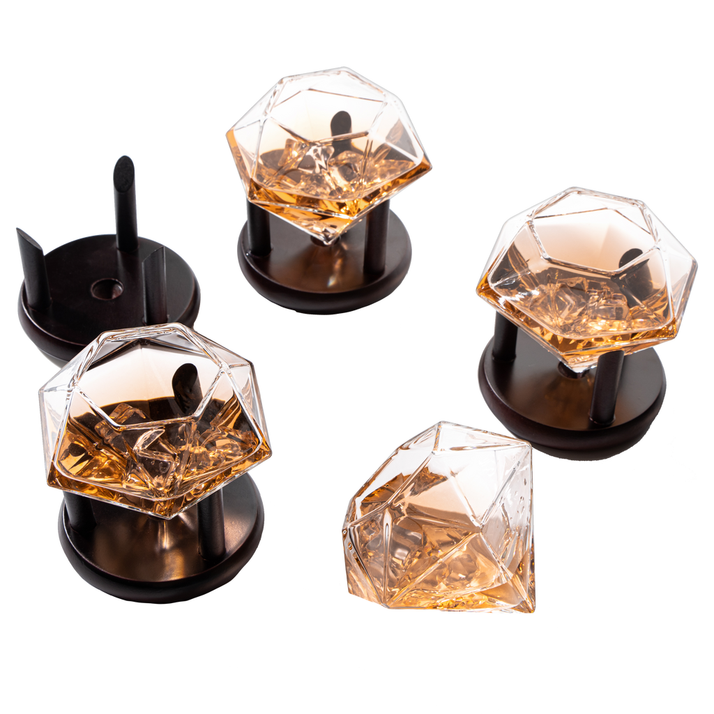 Set of 4 Diamond Whiskey & Wine Glasses With Wood Stands 10oz-0