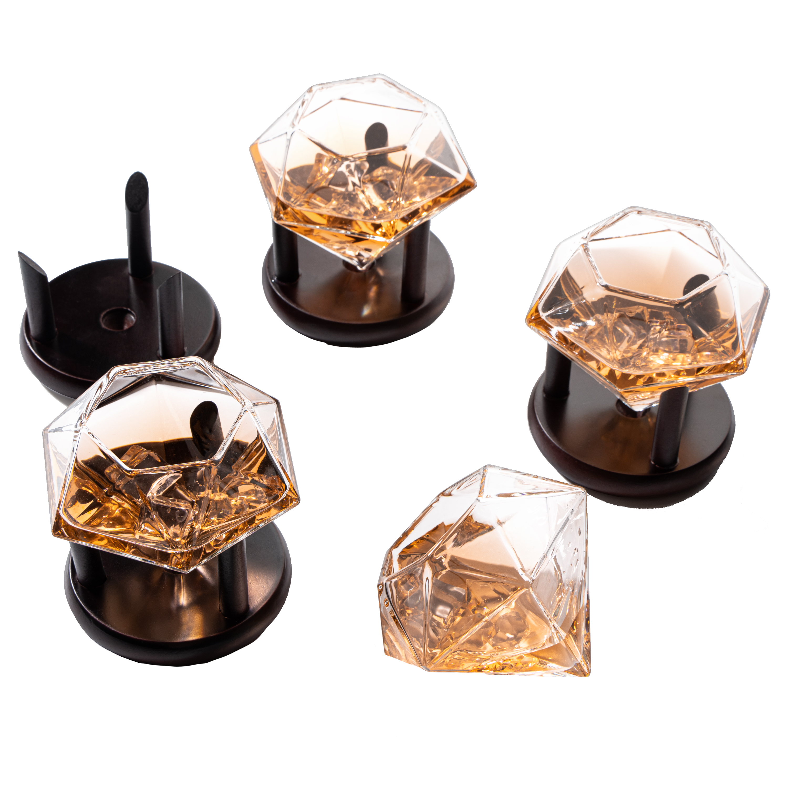 Set of 4 Diamond Whiskey & Wine Glasses With Wood Stands 10oz-0
