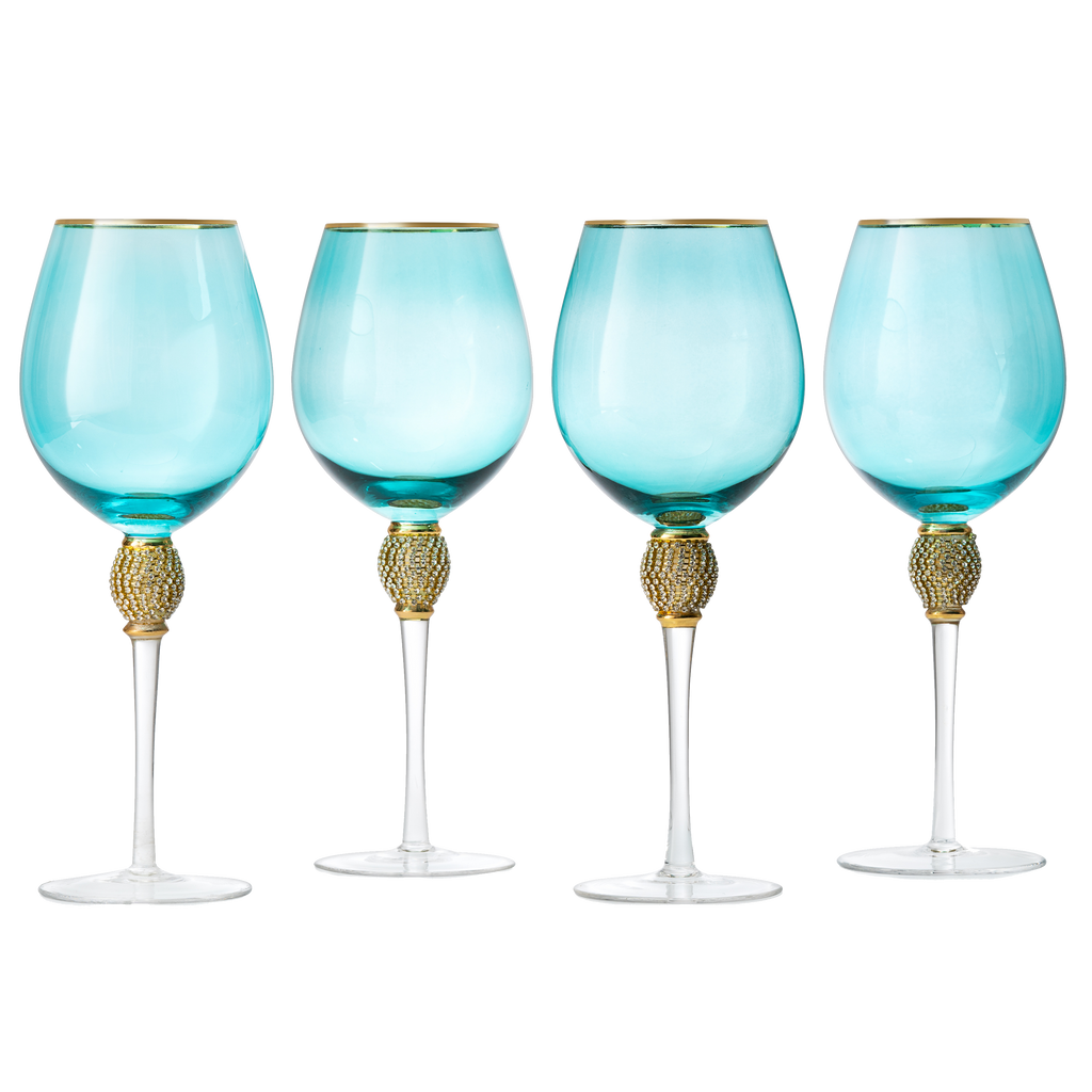 Large Diamond Wine Glasses, 10" H Gold Rim (4, Blue)-0