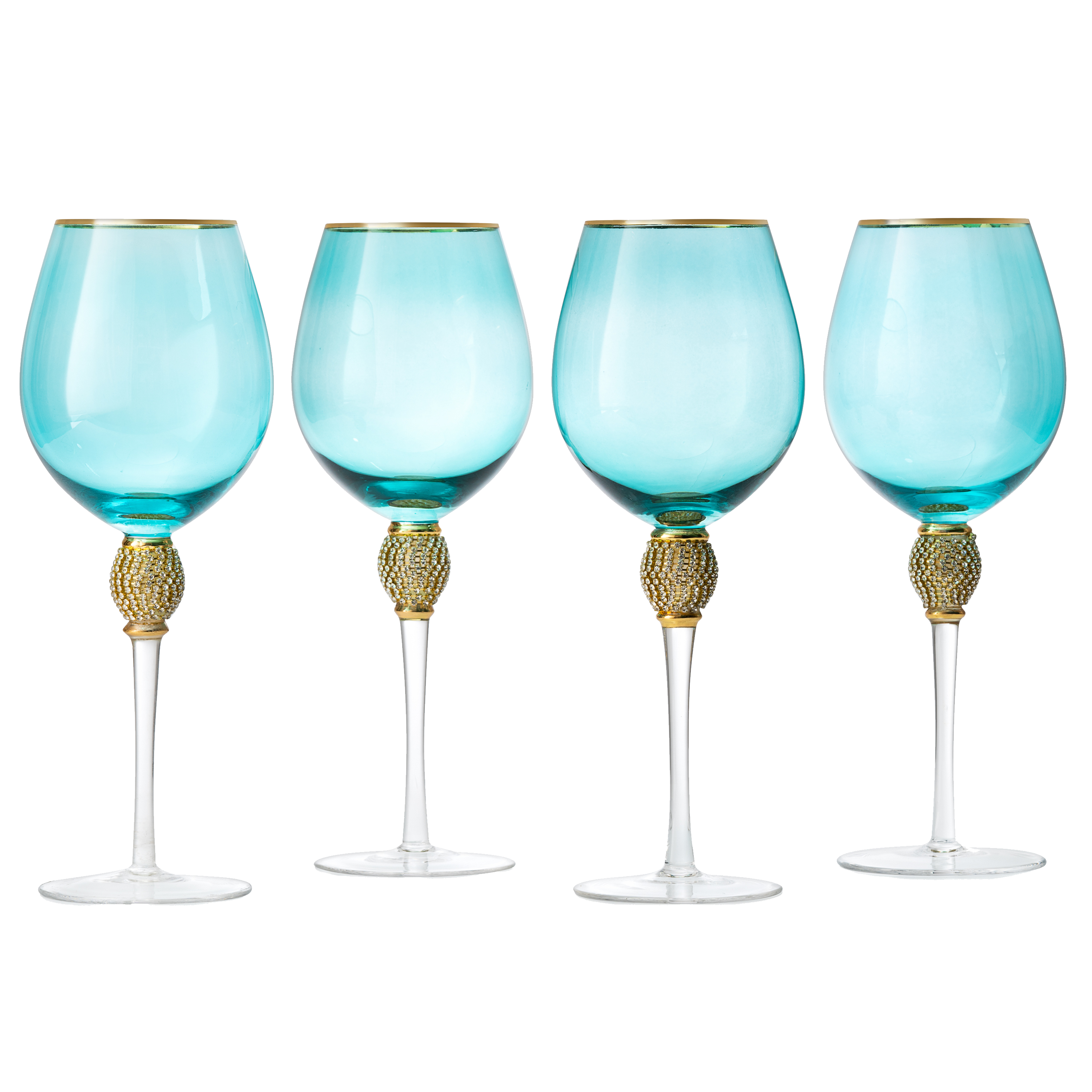 Large Diamond Wine Glasses, 10" H Gold Rim (4, Blue)-0