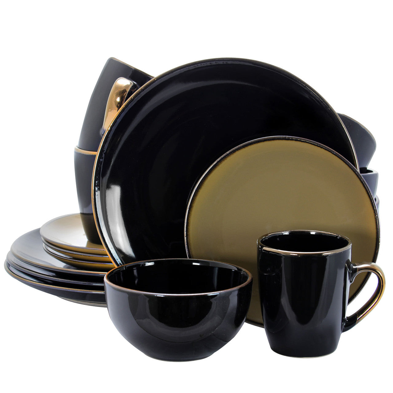 Elama Cambridge Grand 16-Piece Dinnerware Set in Luxurious Black and Warm Taupe with Complete Setti-0