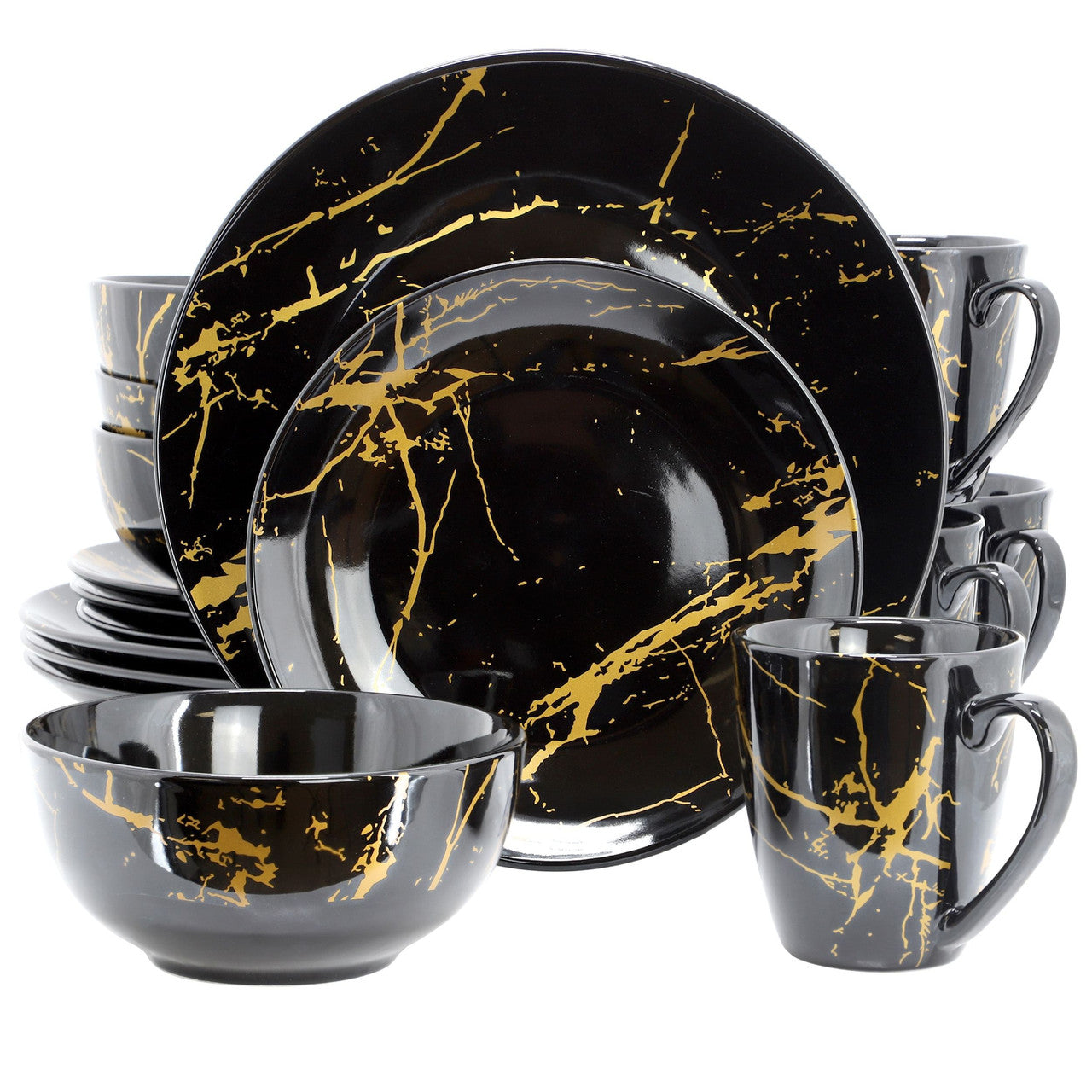 Elama Fine Marble 16 Piece Porcelain Dinnerware Set in Black with Gold Veining-0