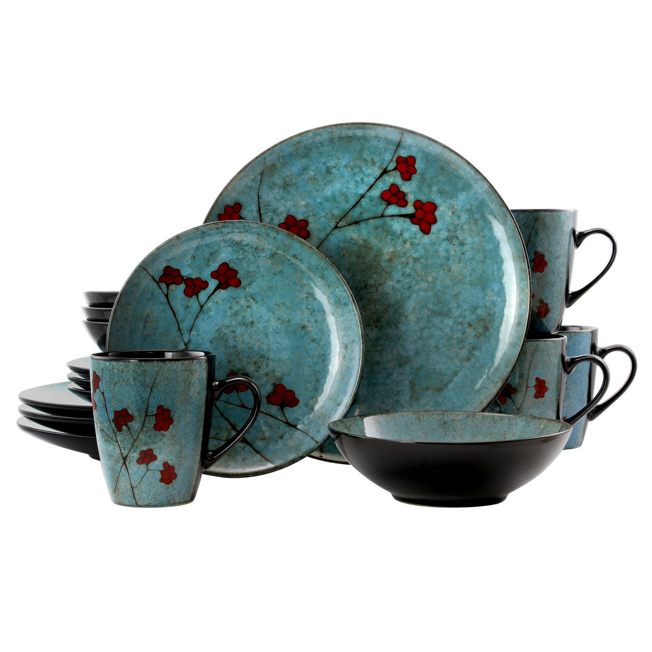 Elama Floral Accents 16 Piece Dinnerware Set in Blue-0