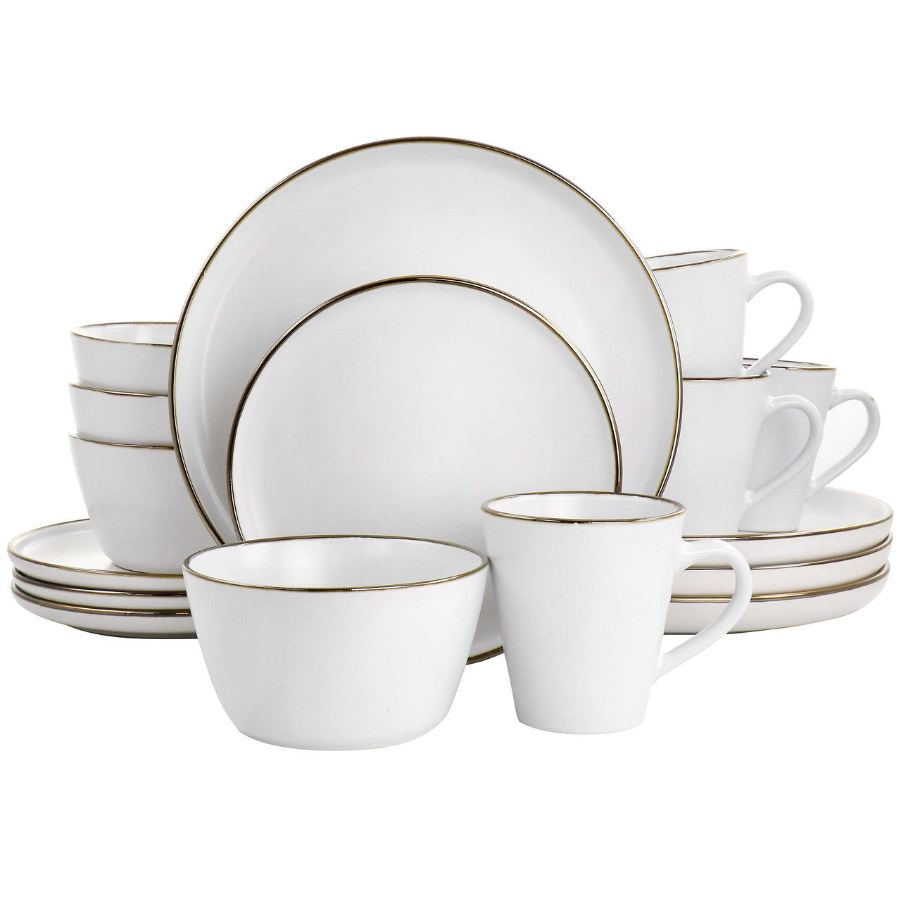 Elama Arthur 16 Piece Stoneware Dinnerware Set in Matte White with Gold Rim-0