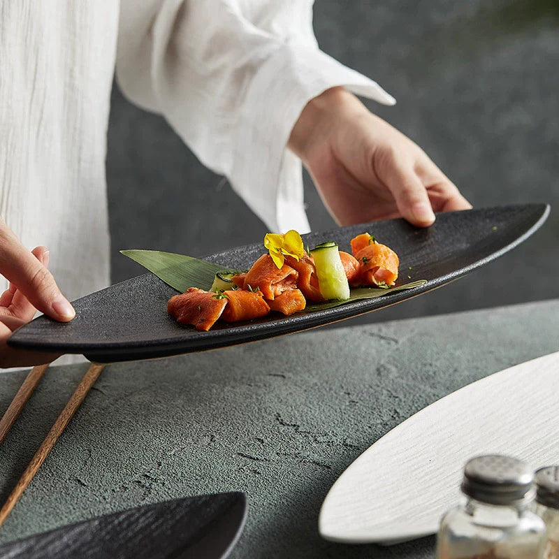 Leaf-Shaped Ceramic Serving Plate – Textured Long Dish for Sushi or Appetizers-2