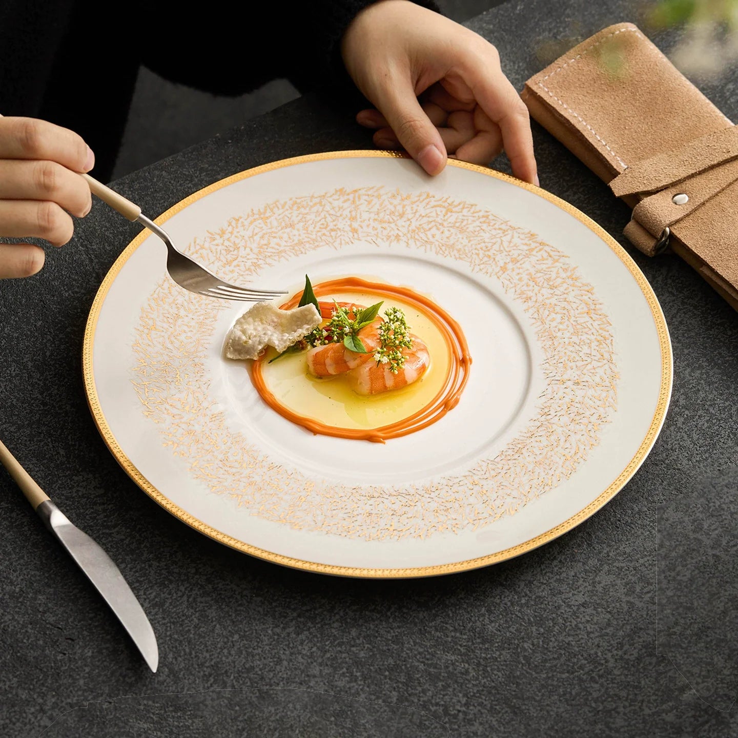 Gold-Pattern Wide-Rim Ceramic Plate — Collector’s Edition Fine Tableware-2