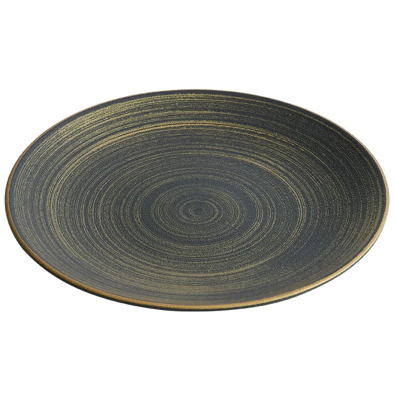 Luxury Black & Gold Ceramic Dinner Plate – Wujin Sand Textured Matte Glaze Fine Dining Tableware-3