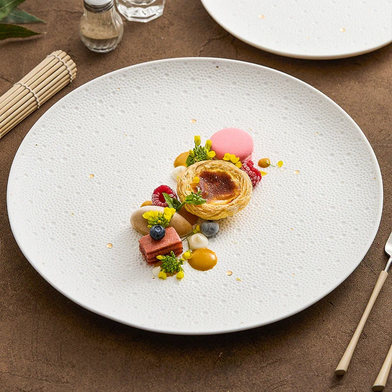 Textured White Porcelain Dinner Plate with Gold Dots – Modern Fine Dining Tableware-0