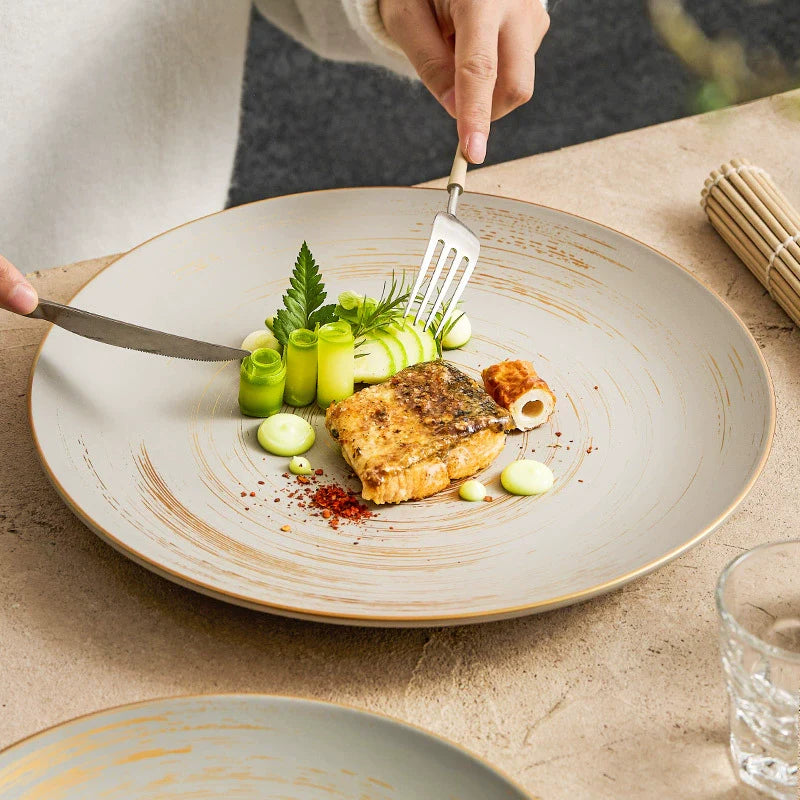 Matte Glazed Ceramic Dinner Plate with Gold Detailing – Available in Two Sizes-2