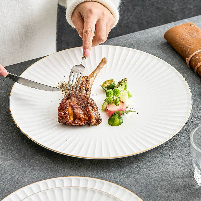 Radiant Pleat White Ceramic Plate with Gold Rim – Modern Luxury Porcelain Dinnerware-1