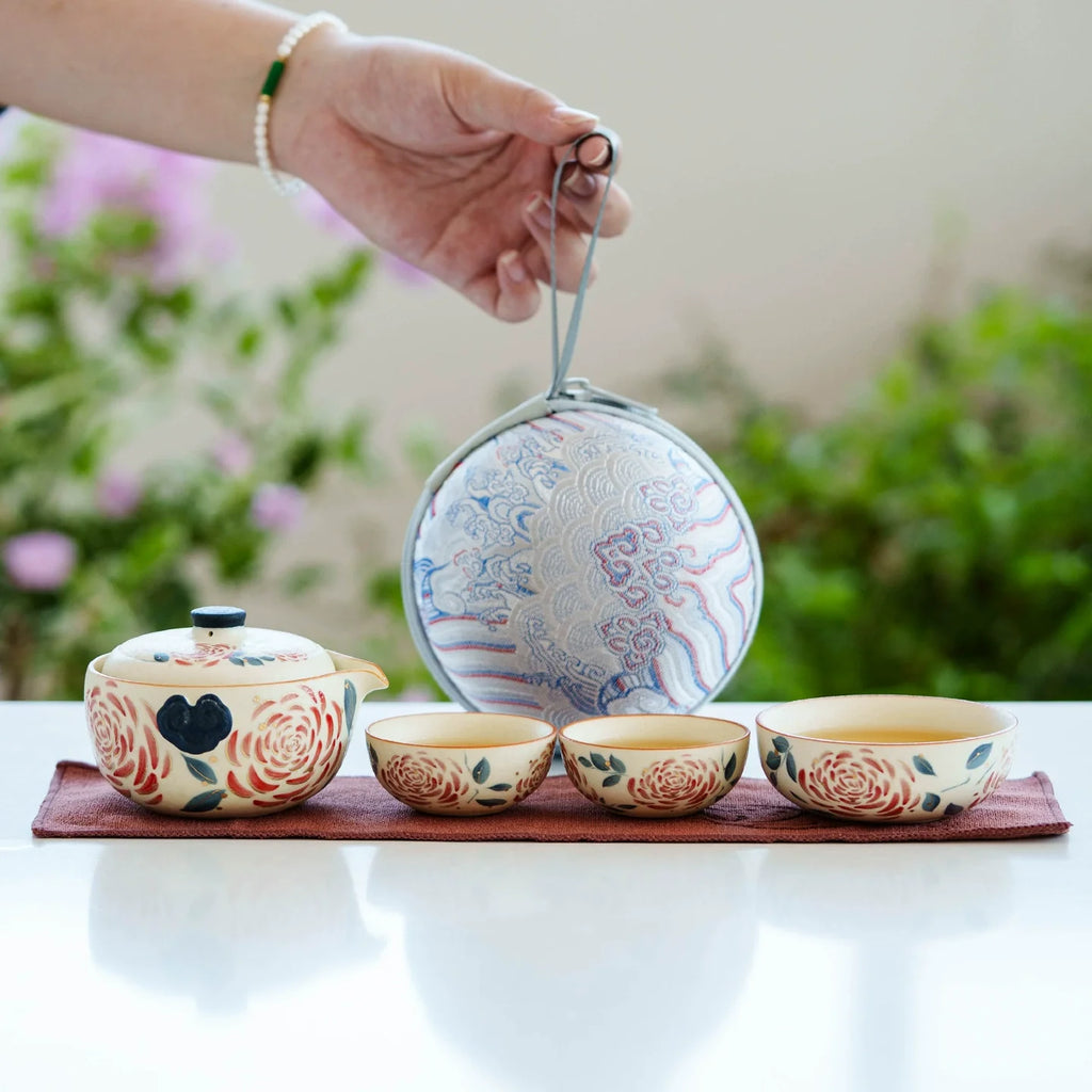 Portable Travel Tea Set – Yanmian White Porcelain Gold Rose Ruyi Series-3