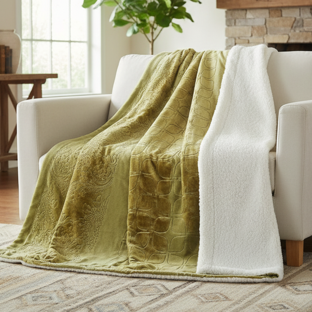 Tache Solid Embossed Green Olive Chartreuse Sherpa Throw Blanket (62096)-1