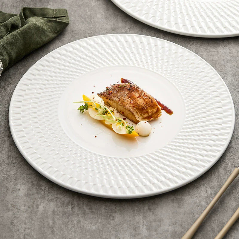 Embossed Spiral Shadow White Ceramic Plate – Luxury Porcelain Textured Dinnerware-0