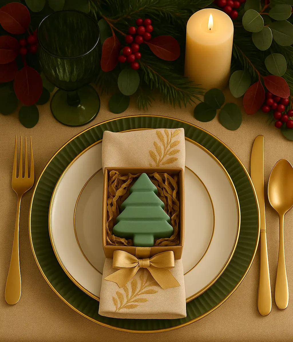 Christmas-themed table setting with a tree-shaped soap and decorative napkin.