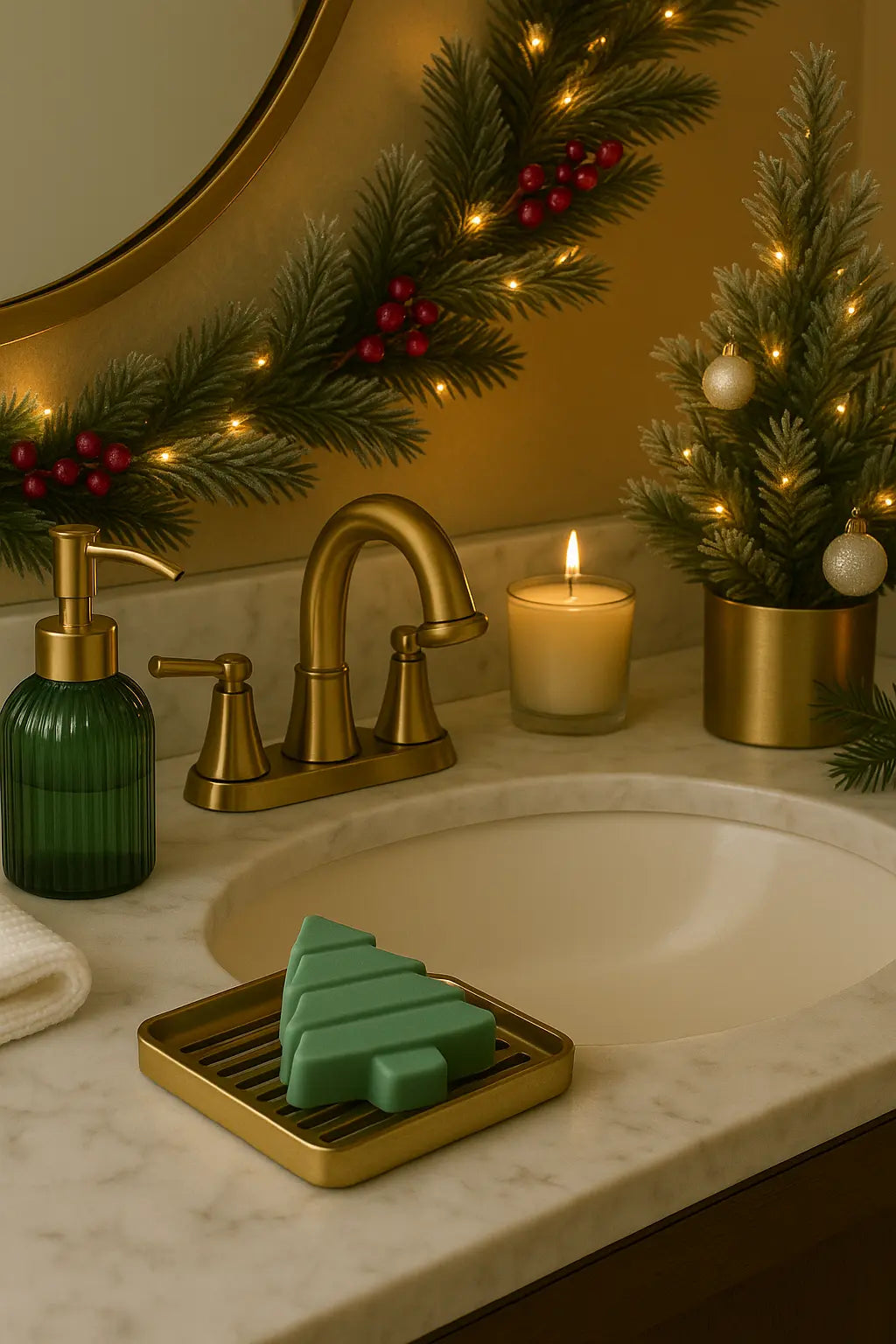 Bathroom sink with gold faucet, green soap dish, and Christmas decorations.