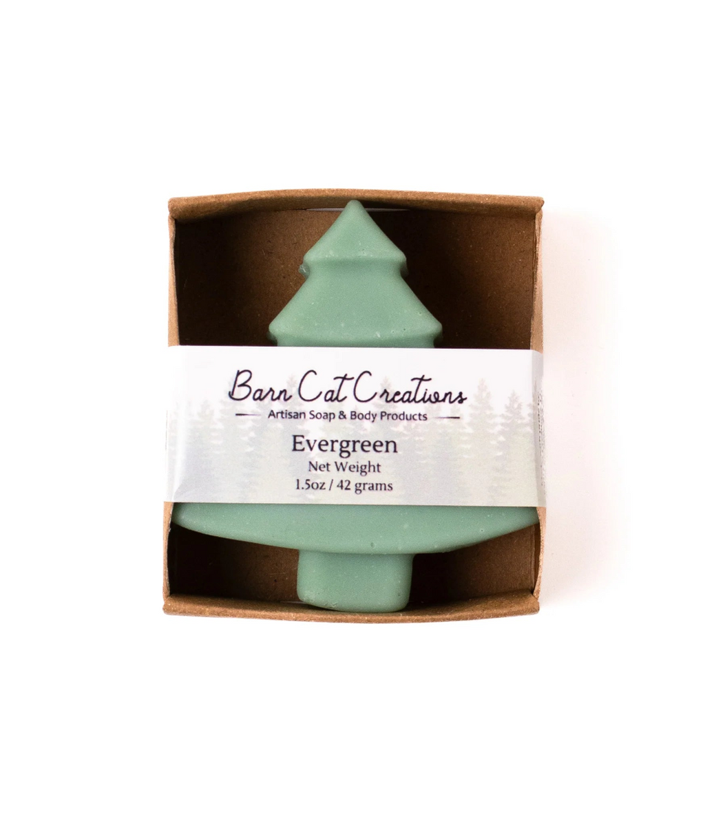 Green soap bar in a cardboard box with 'Barn Cat Creations' label on a white background