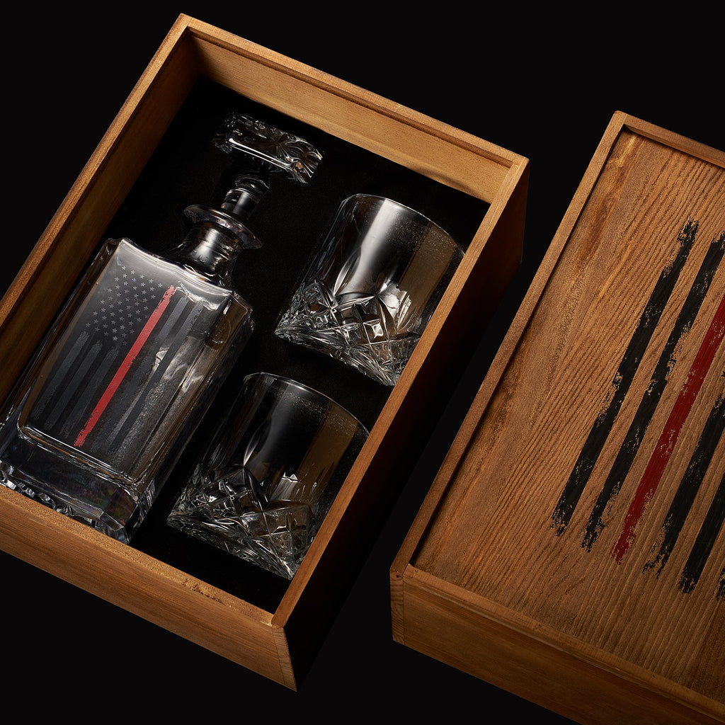 Firefighter Tactical Red Tattered American Flag Whiskey Decanter Gift Set-2