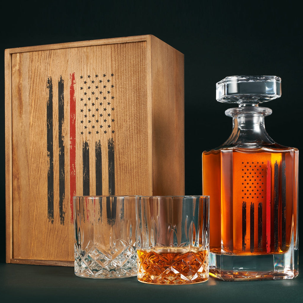 Firefighter Tactical Red Tattered American Flag Whiskey Decanter Gift Set-1