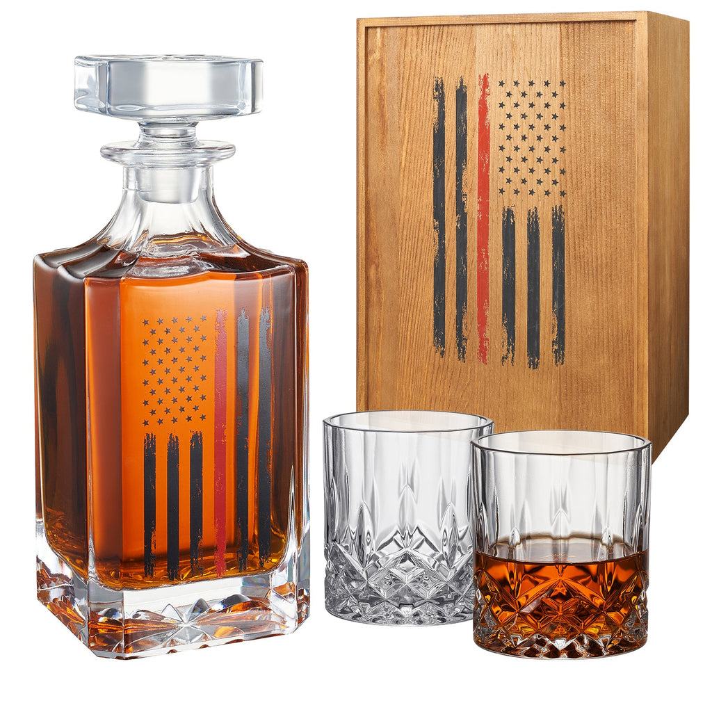 Firefighter Tactical Red Tattered American Flag Whiskey Decanter Gift Set-0
