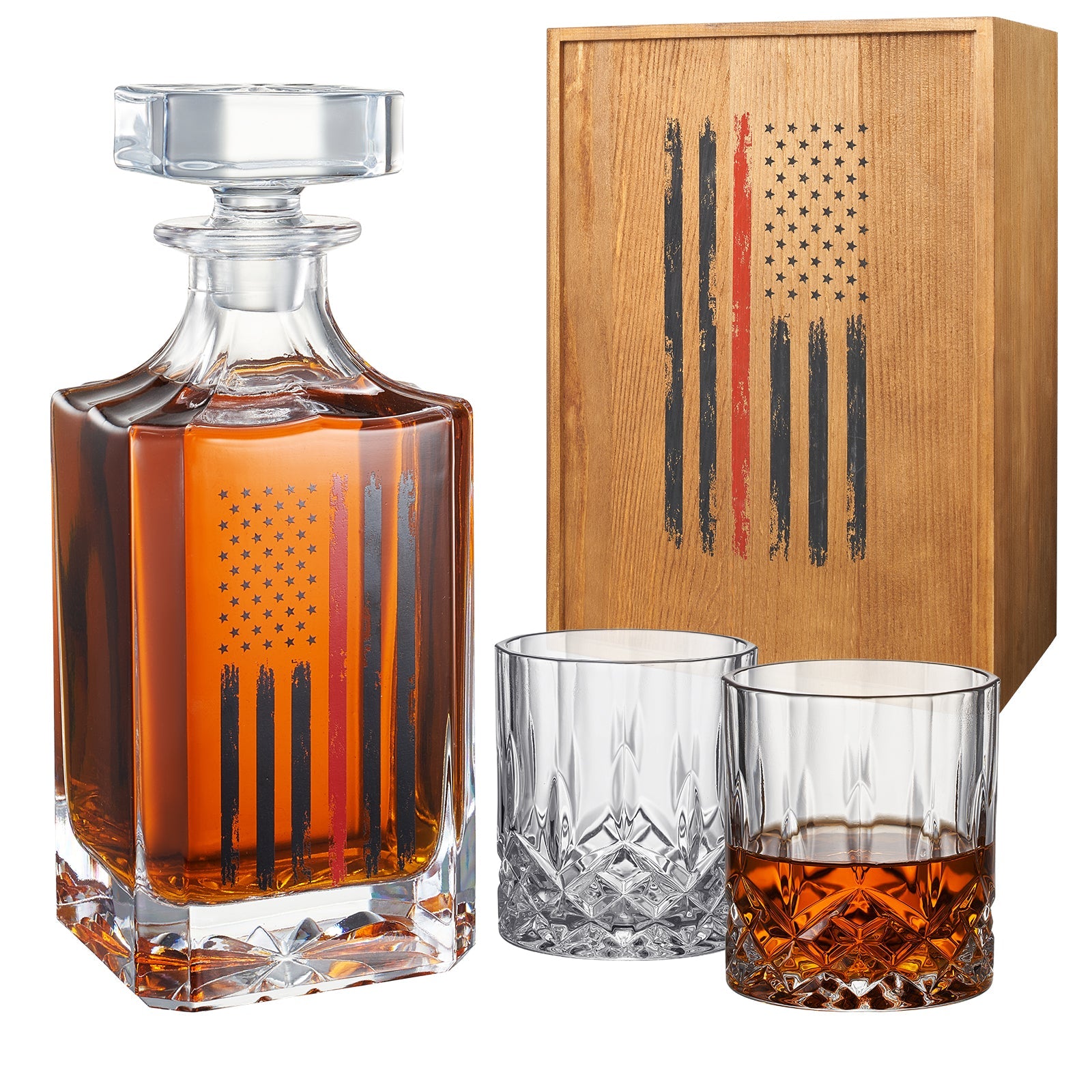 Firefighter Tactical Red Tattered American Flag Whiskey Decanter Gift Set-0