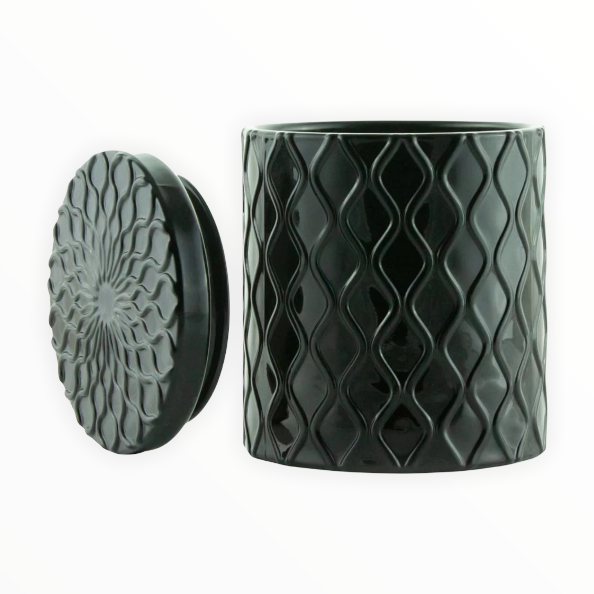 Forbidden Masculine Scent — Matte Black Textured Ceramic Candle w/ Lid  on a white background